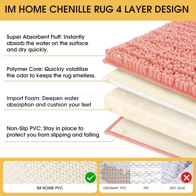 ACCUMTEK Extra Long Upgrade Luxury Coral Bathroom Rug Mat 70"x24", Ultra Soft Thick Absorbent Bath Mats, Non Slip Chenille Toilet Mat for Bathroom, Bedroom, Kitchen, Shower, Tub
