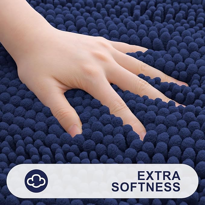 Grandaily Chenille Striped Bathroom Rugs 59x20, Extra Thick and Absorbent Bath Mats, Non-Slip Soft Plush Shaggy Shower Carpet, Machine Wash Dry, Bath Rug for Bathroom, Navy