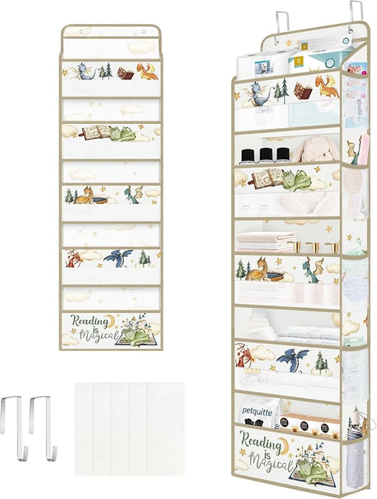 Clastyle Dinosaur Over the Door Organizer Tree Nursery Hanging Storage Organizer for Kids Clothes Diaper Toy Closet Door Hanging Shelf Storage for Bedroom Bathroom Pantry, Magic, 5-Tier