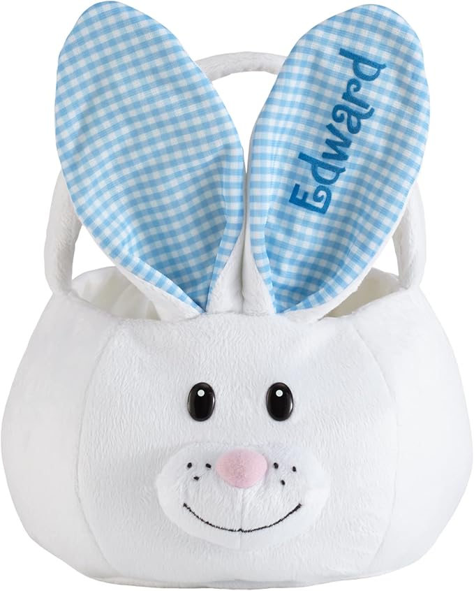 Let's Make Memories Personalized Easter Basket for Kids - Custom - For Boys and Girls - Fillable - With Optional Easter Basket Stuffers - Plush Bunny with Blue Gingham Ears
