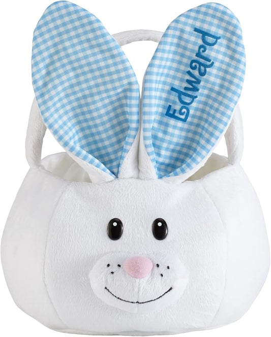 Let's Make Memories Personalized Easter Basket for Kids - Custom - For Boys and Girls - Fillable - With Optional Easter Basket Stuffers - Plush Bunny with Blue Gingham Ears