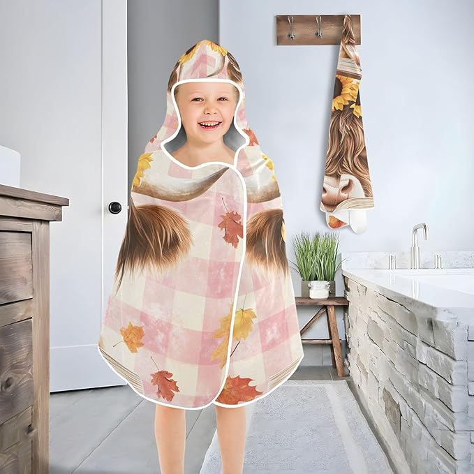 A Highland Cow with Sunflowers Hooded Beach Towel for Kids, Kids Bath Hooded Towels for Boys Girls, Super Soft Absorbent Bathrobe with Hood for Swin Pool 50"x23.5"
