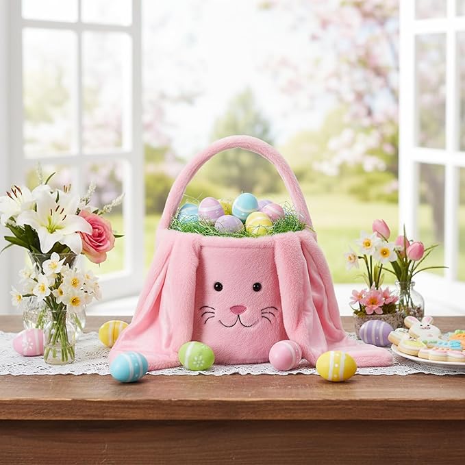 Plush Easter Bunny Basket, Easter Egg Hunt Basket with Plush Ears, Bunny Bucket Tote for Candy Party Favors Holiday Decorations (Plush-Pink)