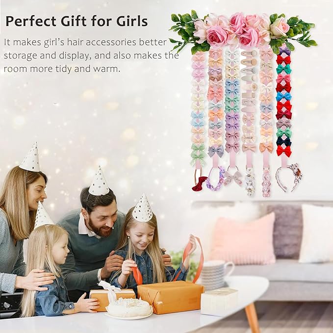 cherrboll Bow Organizer for Girls, Flower Hair Clip Holder Headband Wall Hanging Hair Accessories Organizers Storage Display for Toddler Nursery Room Decor
