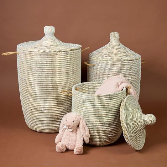 Wicker Basket Set, White, Hand Woven, Hooded Lid, Handles, 3pcs