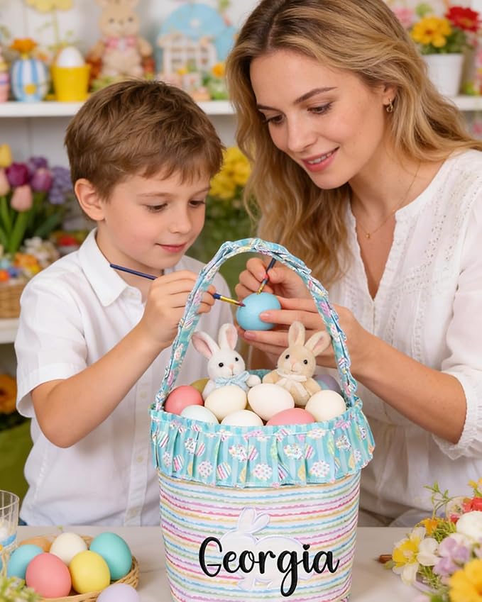 Personalized Easter Floral Bunny Basket for Kids, Custom Cute Rabbit Basket w/Embroidered Name, Customized Egg Hunt Storage Bags with Handles, First Easter Gifts for Newborn Baby Toddler Boy Girls
