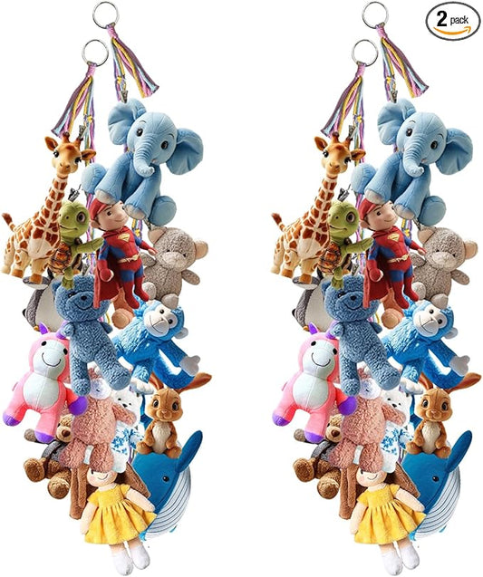 2 Pcs 80” Cotton Hanging Storage Chains for Stuffed Animal, Each Boho Display Chain Comes with 20 Metal Clips, Nursery Hanging Storage Organizer for Wall or Corner Nursery playroom (Colorful)