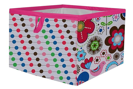 Bacati - Large Storage Tote Botanical Pink/Aqua/Fuchsia/Green Girls 14 x 14 x 10 inches