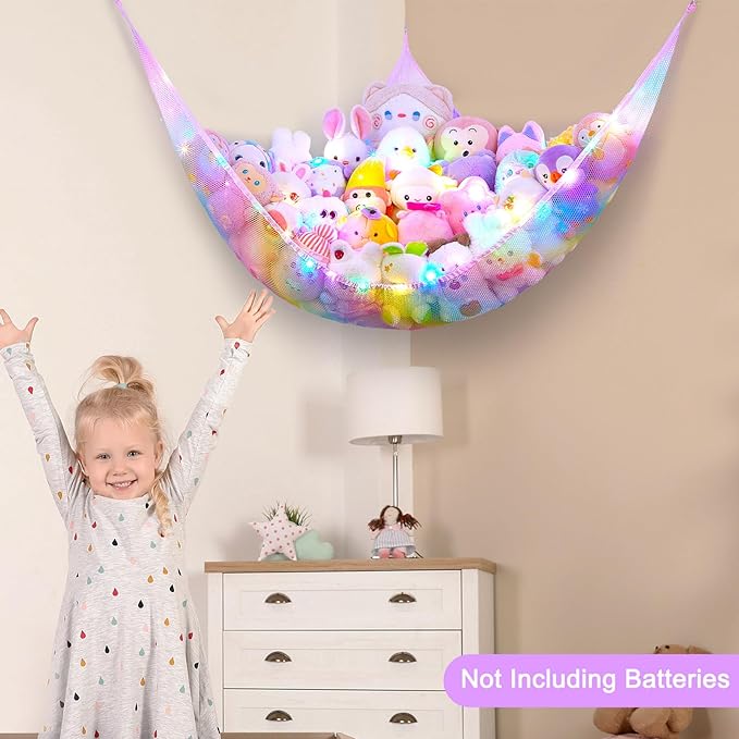Unicorn Castle Stuffed Animals Net or Hammock Kids Toy Storage Organizer with LED Light Hanging Corner Stuffed Animals Holder Kids Girls Room Decor,Rainbow-A,XLarge (Pack of 1)