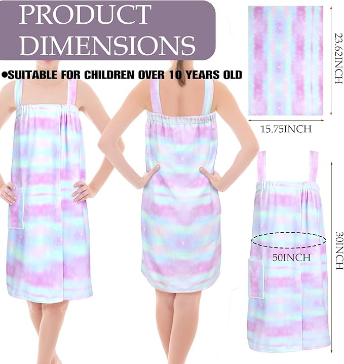 2 Sets Girls Towel Wrap Hair Towel Wrap for Kids with Soft Bath Body Dress Cute Adjustable Bathrobe with Turbans for 3.9-4.9 ft Kids Girls Wet Hair Rapid Drying(Rainbow Style)