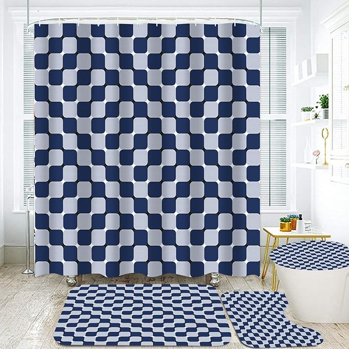4Pcs Blue Checkered Shower Curtain Set 3D Bathroom Sets Modern Shower Curtain Set for Bathroom Sets with Rugs and 12 Hooks