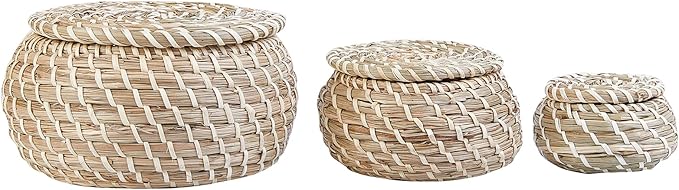 Small Wicker Basket with Lid, Round Woven Set of 3 Seagrass Baskets, Little Handmade Rattan Storage Basket Box for Shelf, Bathroom Decor
