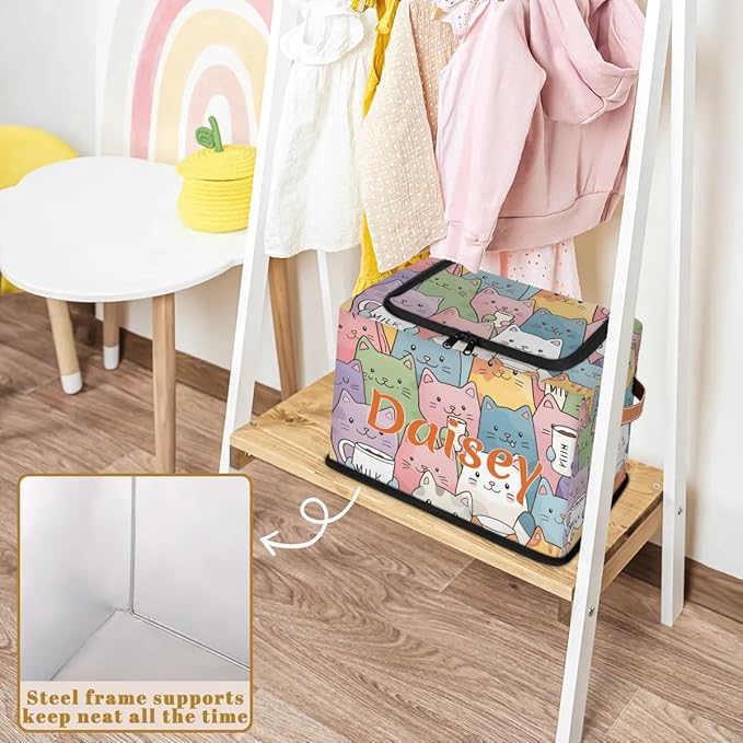Custom Cute Cats Storage-Bin With Zipper Lid for Kids-Girls-Boys-Baby-Pet,Personalized Name Foldable Storage Box with Handle,Baby Basket With Label for Bedroom Nursery Toy Clothes,Multi
