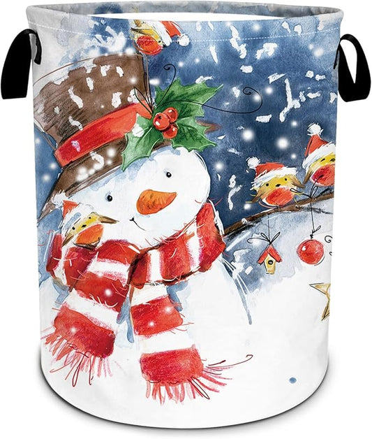 Christmas Laundry Basket, Winter Snowman Laundry Hamper Foldable Waterproof Oxford Cloth Funny Tote Bag Dirty Clothes Storage Bucket Toy Organizer for Bathroom/Laundry/Bedroom 15.7"x19.6"