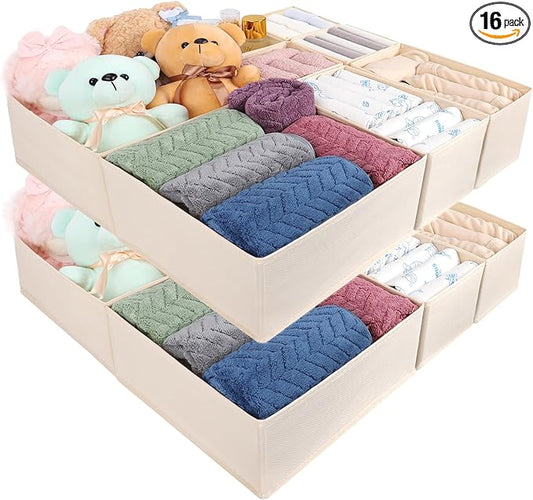 Drawer Organizer Clothes, 16 Pack Dresser Organizer Bins, Foldable Closet Organizers and Storage Fabric Dresser Bins, Shallow Drawer Dividers for Clothing, Underwears, Socks, Tie