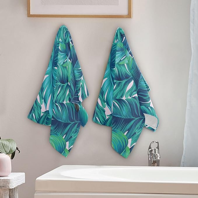 2 Pcs Tropical Blue Green Leaves Hand Towels for Bathroom,Soft Absorbent Palm Banana Leaf Botanical Dish Towels for Kitchen,Quick Dry Decorative Bathroom Towels for Face,Hair,Shower 14"x28"