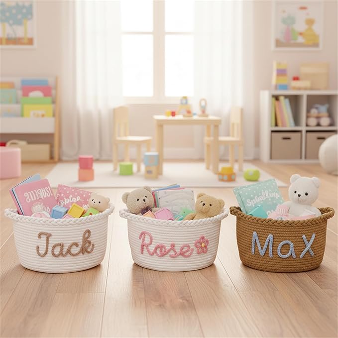 JUPPE Custom Baby Shower Basket, Personzlized Basket with Baby Name, Baby Boy Girl Storage Organizer Cotton Rope Nursery Decor Newborn Gift (style 1) (Style 7)