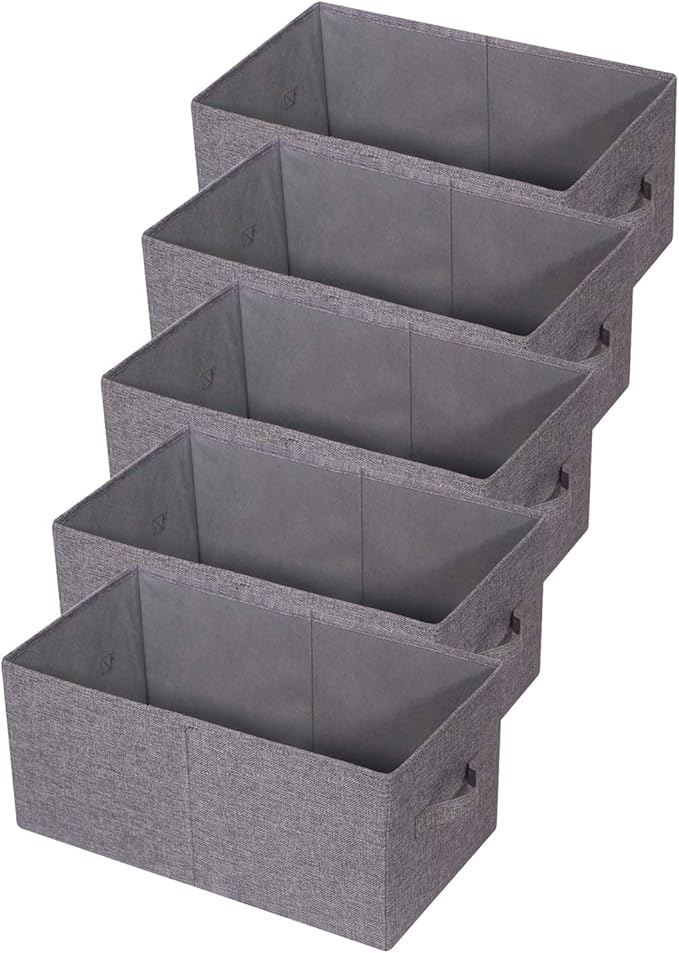 Set of 5 Closet Organizer Bins with Handle, Fabric Foldable Storage Baskets Cloth Box Containers for Shelves Home Office Clothes Clothing, Gray, Jumbo