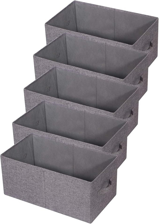 Set of 5 Closet Organizer Bins with Handle, Fabric Foldable Storage Baskets Cloth Box Containers for Shelves Home Office Clothes Clothing, Gray, Jumbo