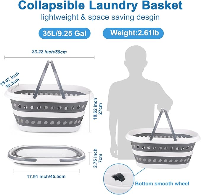 35L (9.25 Gallon) Collapsible Laundry Basket with Wheels, Large Collapse Laundry Basket with Handles, Pop-up Hamper Clothes Storage Organizer Folding Plastic Bin for Household Family Room Organization