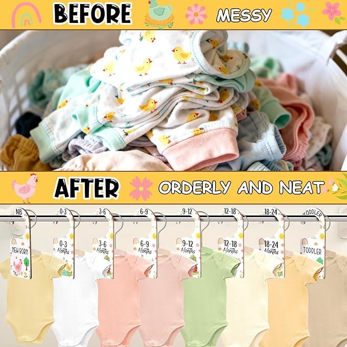 Baby Closet Dividers 8PCS, Cute Chick Themed Wooden Double-Sided Clothes Size Hanger/Organizer from Newborn to Toddler for Nursery Decor Baby Shower Birthday Gender Reveal Party Gift