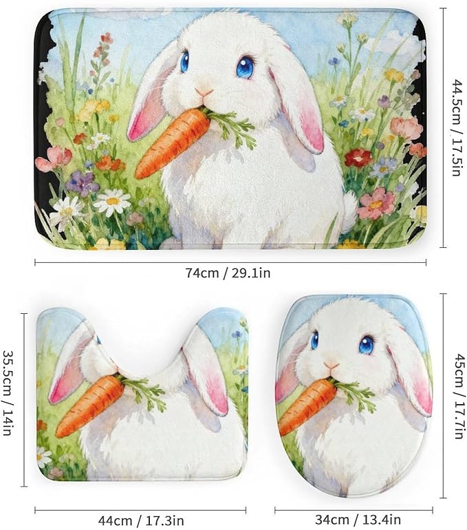 4 Piece Bathroom Rug Set with Shower Curtain, Non-Slip Bath Mat Toilet Cover Set, Lop-Eared Rabbit Bathroom Rug Sets