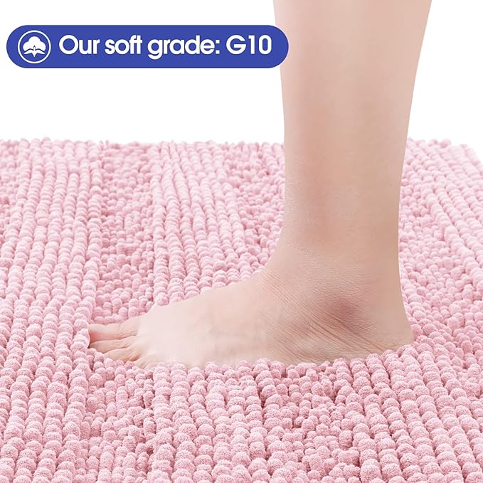 ACCUMTEK Christmas Striped Pink Toilet Bathroom Rug Mat Set 2 Piece Rug Ultra Soft, Non Slip Chenille Bath Rugs, Absorbent Plush Shaggy Bath Mats for Bathroom, Bedroom, Kitchen, Shower, Tub