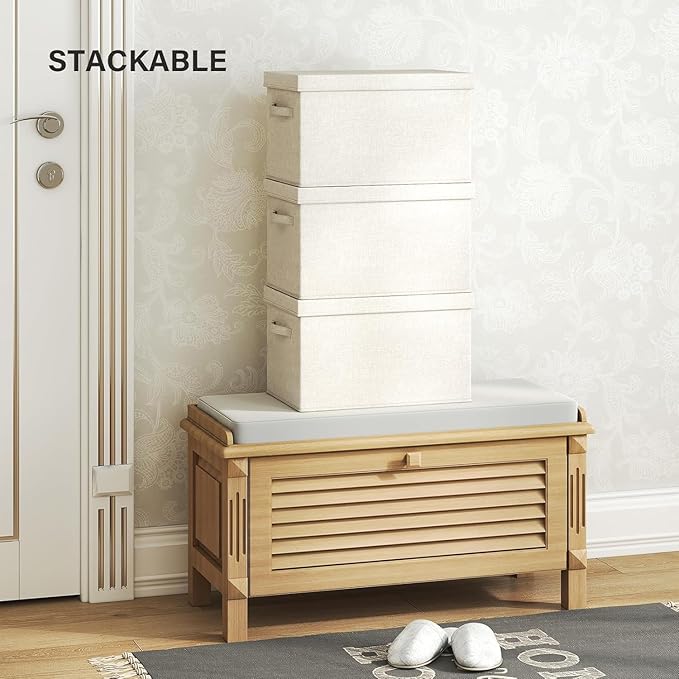 Fabric Storage Bins with Lids 14.6*10.6*10.2 in, 2-Pack Storage Baskets for Closet, Large Linen Organizers and Storage Bins for Bedroom, Collapsible Baskets and Bins with Handles, Off White