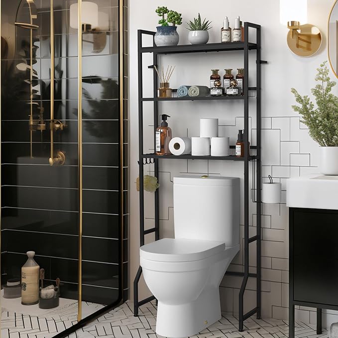 YBING Over The Toilet Rack 3 Tier Bathroom Shelf Over Toilet Storage Organizer Freestanding Above Toilet Storage Rack with Metal Frame and Hook Bathroom Over Toilet Storage Stand Black