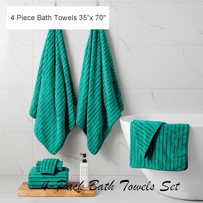4 Pcs Blue Green Cabana Stripe Large Bath Towels 35"x70" Oversized Bath Sheet Soft Breathable Jumbo Bathroom Towels Highly Absorbent Shower Towel Quick Dry Beach Chair Towel Spa Gym Hotel Towel Set