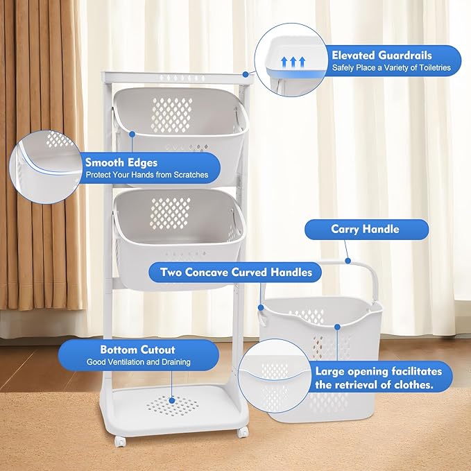 3-Tier Storage Basket Laundry Basket Rolling Cart Washing Hamper Storage Bin Shelf Multifunctional rotating laundry basket organizer Removable Clothes Laundry Basket for Kitchen Living Room