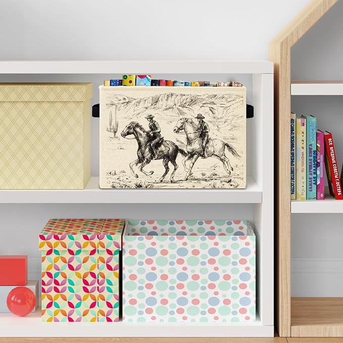 Vintage Western Cowboy Storage Bins Box with Handles, Rustic Wild West Desert Cowboy Riding Horse Laundry Basket Hamper Collapsible Clothes Toys Organizer for Bedroom Bathroom Home