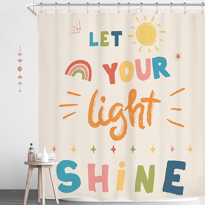 Homewelle Kids Quotes Shower Curtain Inspirational Colorful Cartoon Classical English Letter Let You Light Shine Lovely Sun Classic 72Wx72H Inch for Child Waterproof Polyester Fabric Bathroom Bathtub