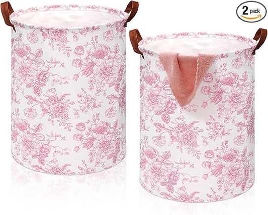 2 Pcs Pink Floral Laundry Basket Coquette Storage Basket for Girls Nursery Hamper with Handles Foldable Waterproof Collapsible Storage Bin Organizer for College Dorms Bathroom