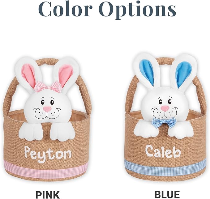 Let's Make Memories Personalized Easter Basket for Kids - Custom - For Boys and Girls - Fillable - With Optional Easter Basket Stuffers - 3-D Stuffed Bunny in Burlap - Pink