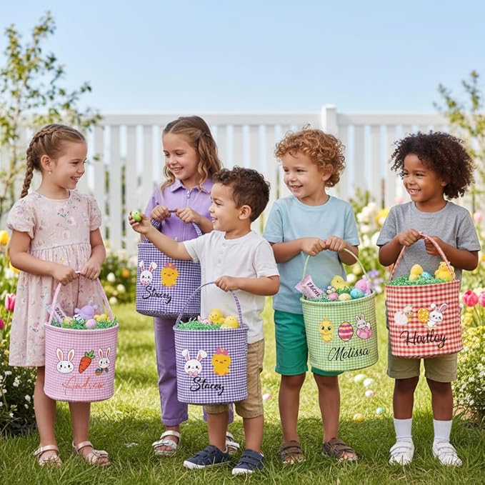 Personalized Easter Baskets for Kids Egg Basket Gingham Bunny Bucket Candy with Handle Tote Bucket Reusable Goody Baskets for Kids Gifts Bags