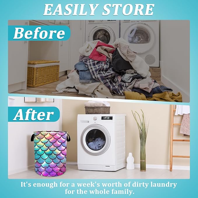 Mermaid Scale Laundry Basket, Glitter Rainbow Laundry HamperFoldable Waterproof Funny Tote Bag Dirty Clothes Storage Bucket Toy Organizer for Bathroom/Laundry/Bedroom 15.7"x19.6"