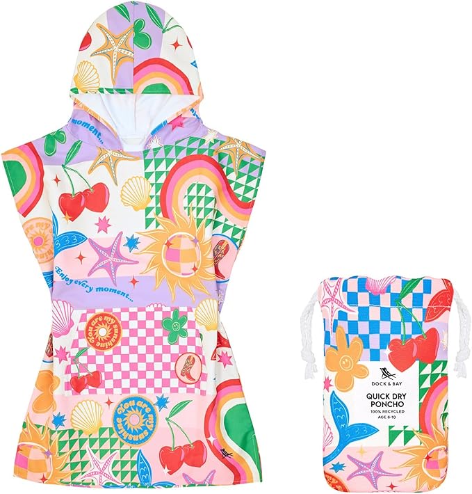 Dock & Bay Poncho with Hood - for Kids - Super Absorbent, Quick Dry - Includes Bag - Good Vibes Club, Medium (Age 7-10)