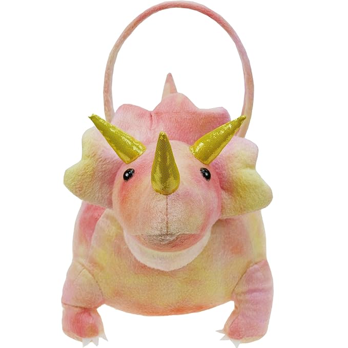 DearSun Exquisite Embroidery ! Personalized 3D Adorable Pink Dinosaur Basket Easter Egg Hunting Basket Easter Gift Basket with Embroidery Name (Pink Plush Triceratops Basket)
