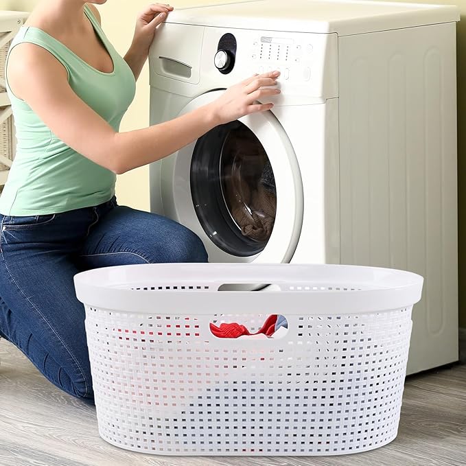 4 Packs 40 L Laundry Baskets, Plastic Dirty Clothes Hampers with Cut-Out Handles for Bedroom, Bathroom, Dorm, Laundry Room, White
