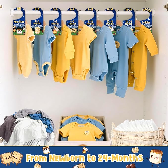 Baby Closet Dividers 8PCS, S’More Themed Wooden Double-Sided Clothes Size Hanger/Organizer from Newborn to Toddler for Nursery Decor Baby Shower Birthday Gender Reveal Party Gift