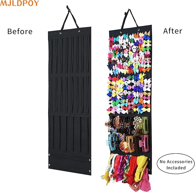 Hair Bow Organizer for Girls, Baby Hair Clips Holder Wall Hanging, Large Felt Bow Storage Display for Girls Hair Bows & Claw Clips, Ribbons, Headbands – Nursery Room Decor (Black)