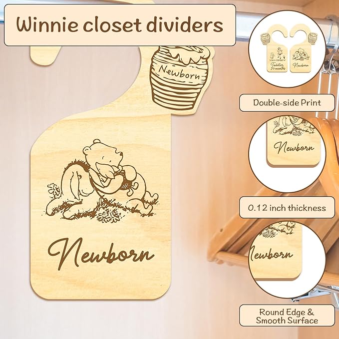 Winnie Baby Closet Divider -Winnie Nursery Decor Wardrobe Baby Closet Organizer,Daisy Design Nursery Decor Clothes Hanger Dividers for Sorting 8 from Newborn to 24+ Months,Honeypot