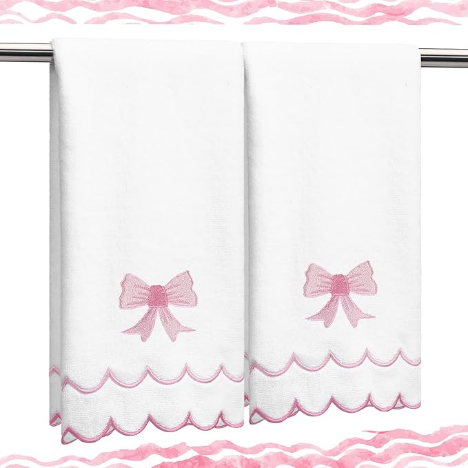 2 Pcs Scalloped Hand Towels 100% Cotton Fingertip Towels for Bathroom 15.75 x 27.56 Inch 600 GSM Cute Soft Absorbent Embroidered Decorative for Home Hotel(Pink,Bow)