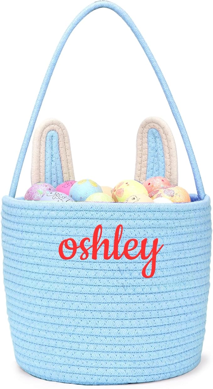Personalized Easter Basket for Kids with Name - Custom Cute Embroidery Easter Bunny Rope Basket for Boys Girls, Easter Egg Hunt Basket (Blue)