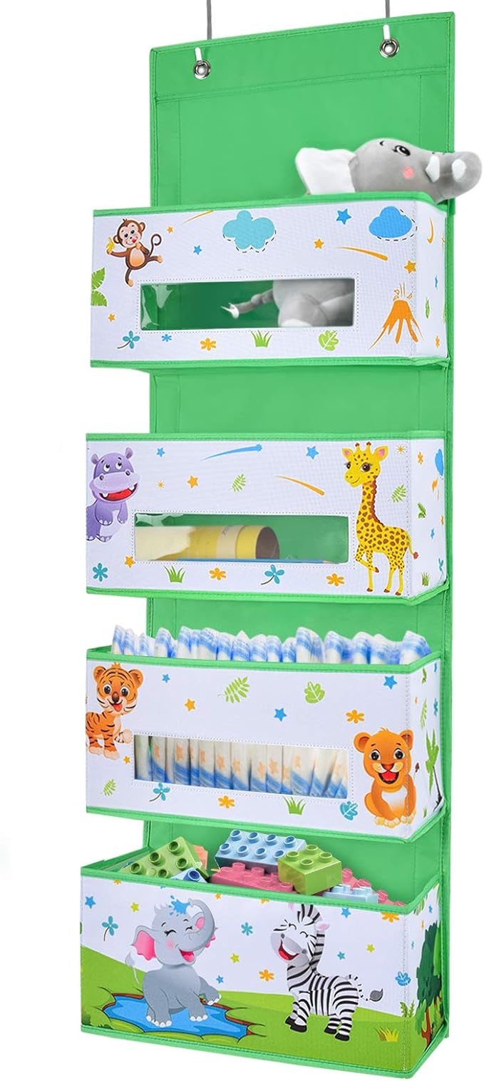 WERNNSAI Jungle Animal Over the Door Hanging Organizer - 4 Clear Window Pockets, Oxford Cloth Material, Suitable for Children's Rooms, Kindergartens, Nurseries