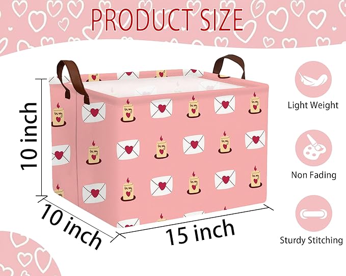 Large Valentine's Day Basket Heart Shaped Storage Bin for Gifts Collapsible Organizer Room Decor (Pink Candle Envelope Love)