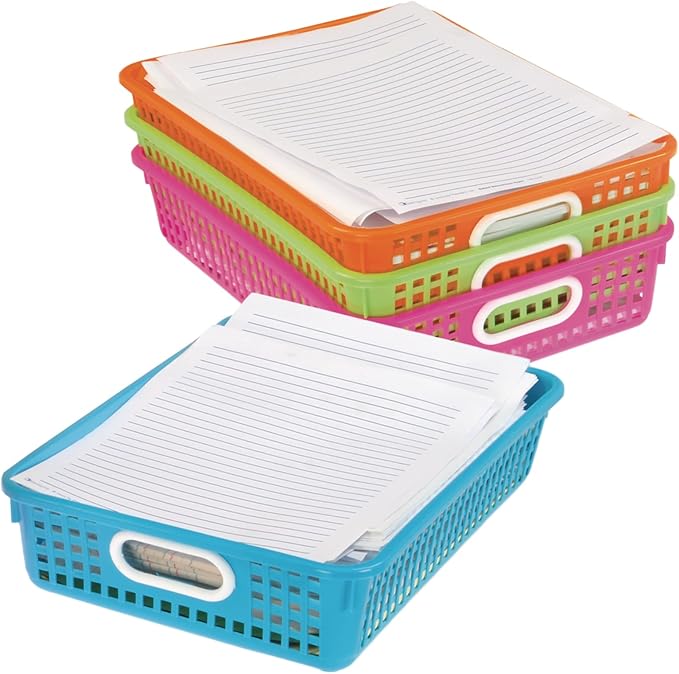 Really Good Stuff Multi-Purpose Small Desktop Paper Storage Baskets, 14" x 10" x 3.25", Set of 4, Neon Group Colors, Classroom Organization, Stackable Mesh Plastic Baskets with Grip Handles