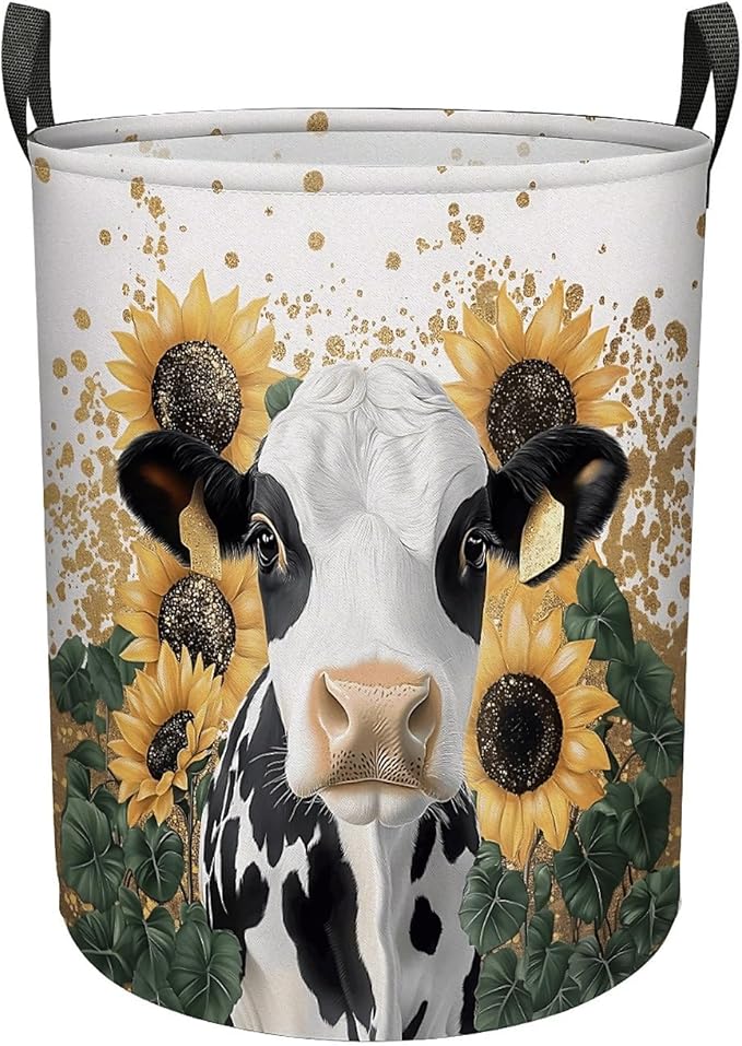 Cow Sunflower Laundry Basket, Large Canvas Collapsible Organizer Storage Basket for Nursery,Office,Toy Organizer,Home,Decor - 19.7" X 15.7 "