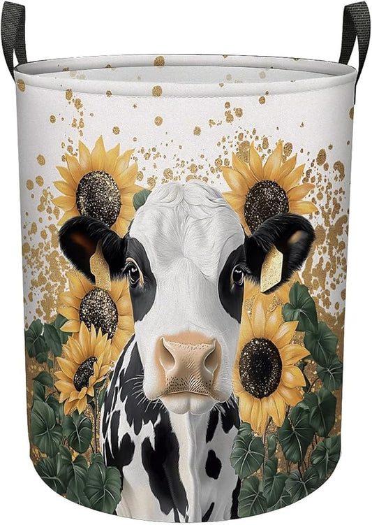 Cow Sunflower Laundry Basket, Large Canvas Collapsible Organizer Storage Basket for Nursery,Office,Toy Organizer,Home,Decor - 19.7" X 15.7 "